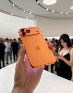 Bright orange smartphone resembling an iPhone is held up